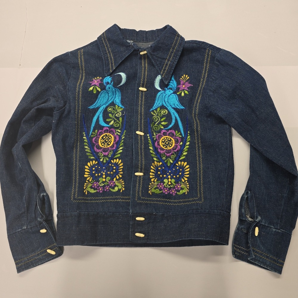 Vintage 70s Kids Denim Jacket Embroidered Floral Dark Wash Blue Boho Western‎